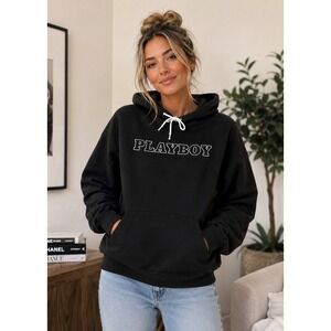 Playboy by PacSun Black Embroidered Logo Hoodie Sweatshirt Womens Medium cute